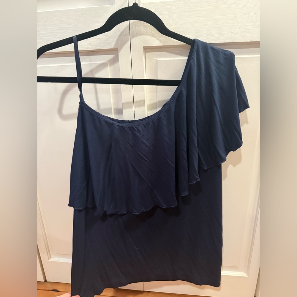 Navy Ruffled One-Shoulder Top